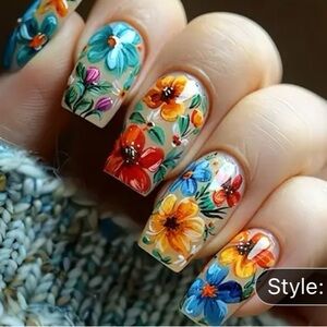 Designer 24 Pcs Colorful Multi Flowers Medium Square Glossy Press On Nails